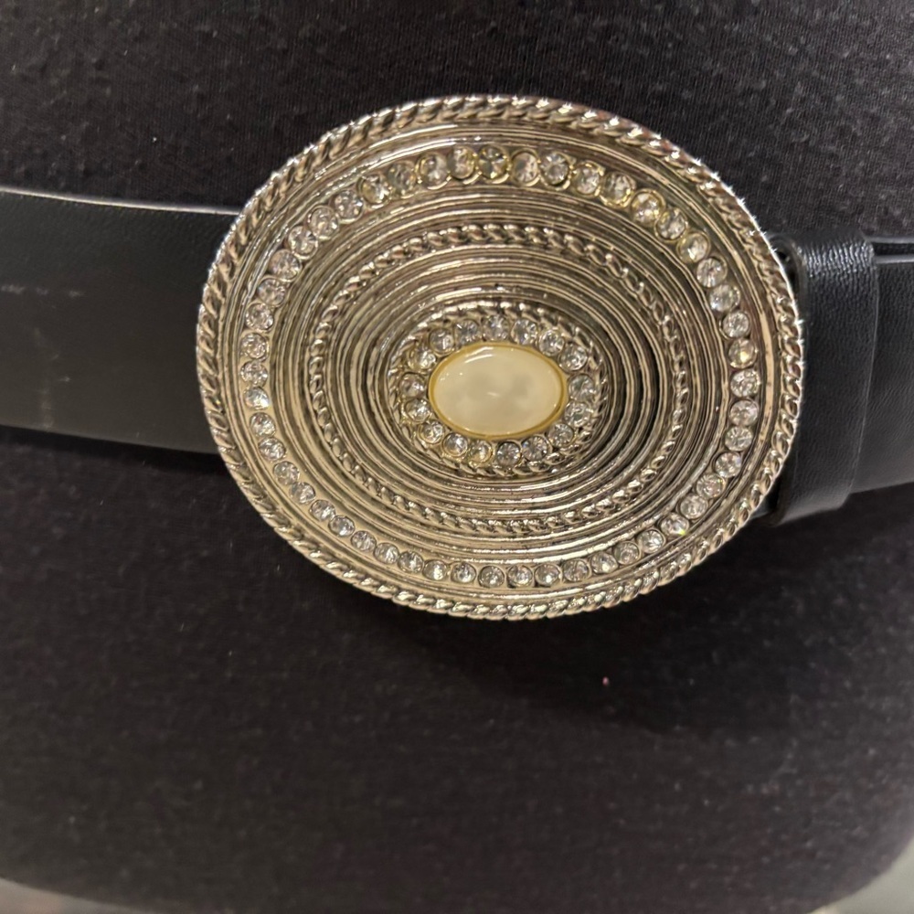 Chico's Black Leather Belt with Gold Oval Medallion Buckle - Picture 2 of 4